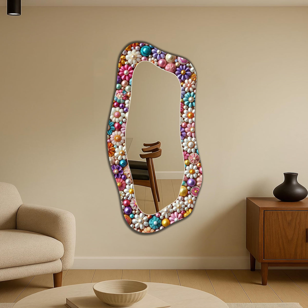 Irregular Full Length Mirror, Floral Glass Art as Organic Mirror