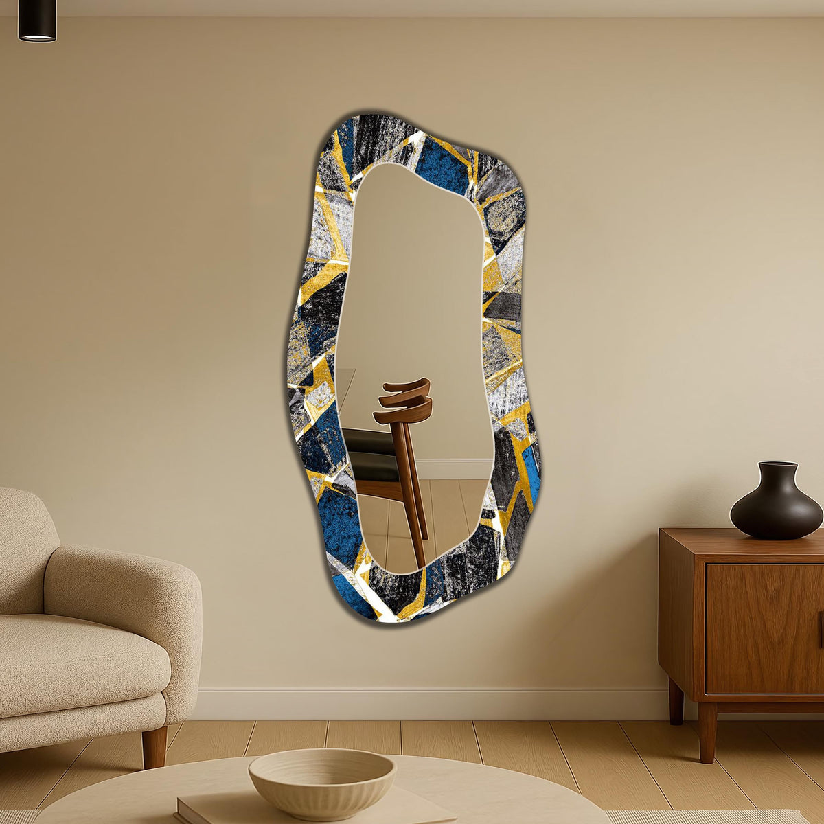 Abstract Wall Mirror, Gold Blue Mosaic Texture Irregular Miror