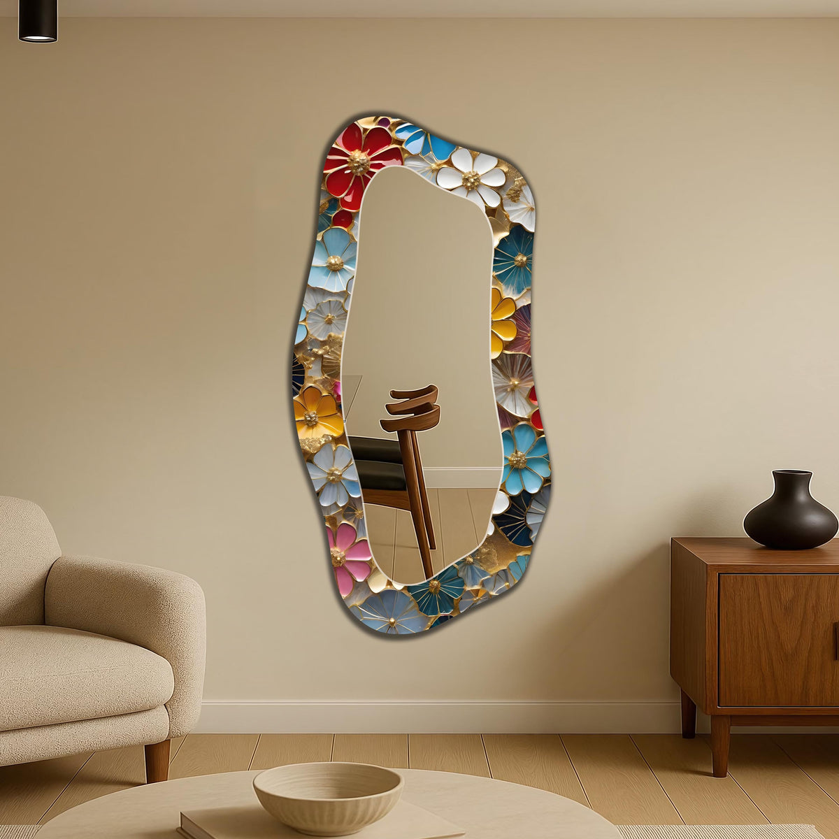 Irregular Full Length Mirror, Floral Glass Art as Organic Mirror