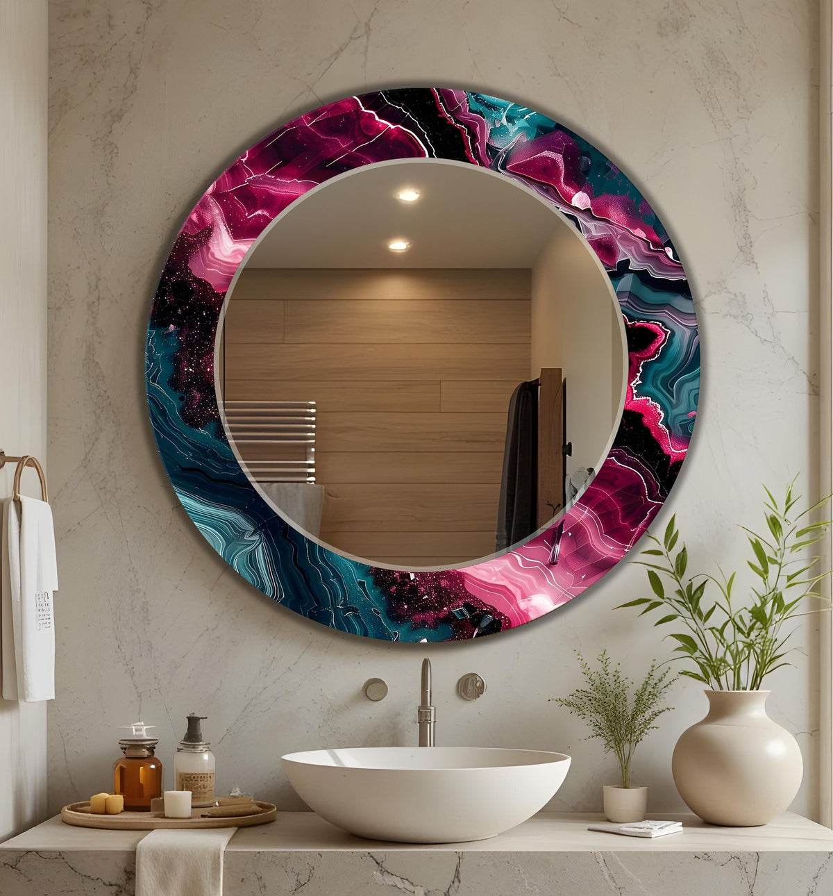 Decorative Wall Mirror, Emerald Teal Ruby Agate Geode Texture Wall Mirror - Variations on Shape