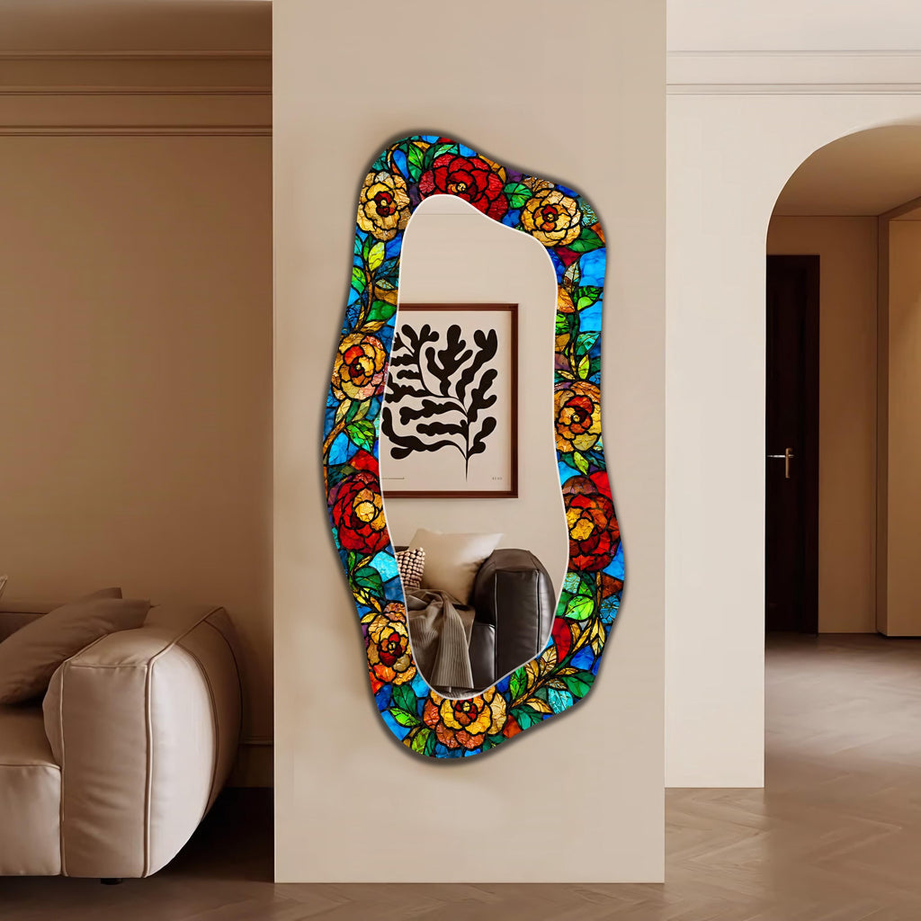 Irregular Wall Mirror, Stained Glass Mosaic Texture Wall Mirror, Orangic Full Length Mirror