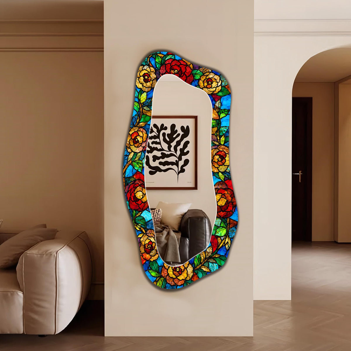 Irregular Wall Mirror, Stained Glass Mosaic Texture Wall Mirror, Orangic Full Length Mirror
