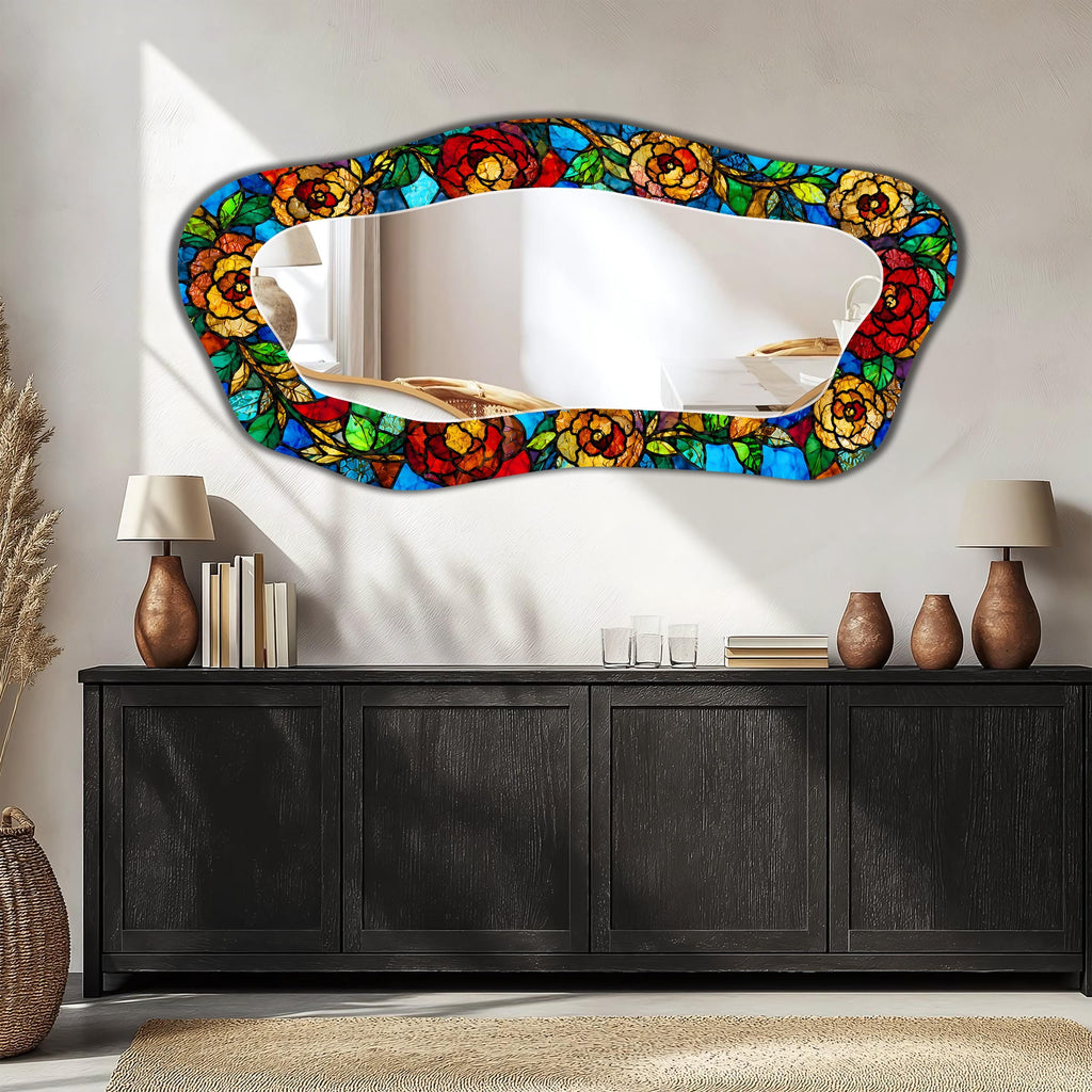Irregular Wall Mirror, Stained Glass Mosaic Texture Wall Mirror, Orangic Full Length Mirror