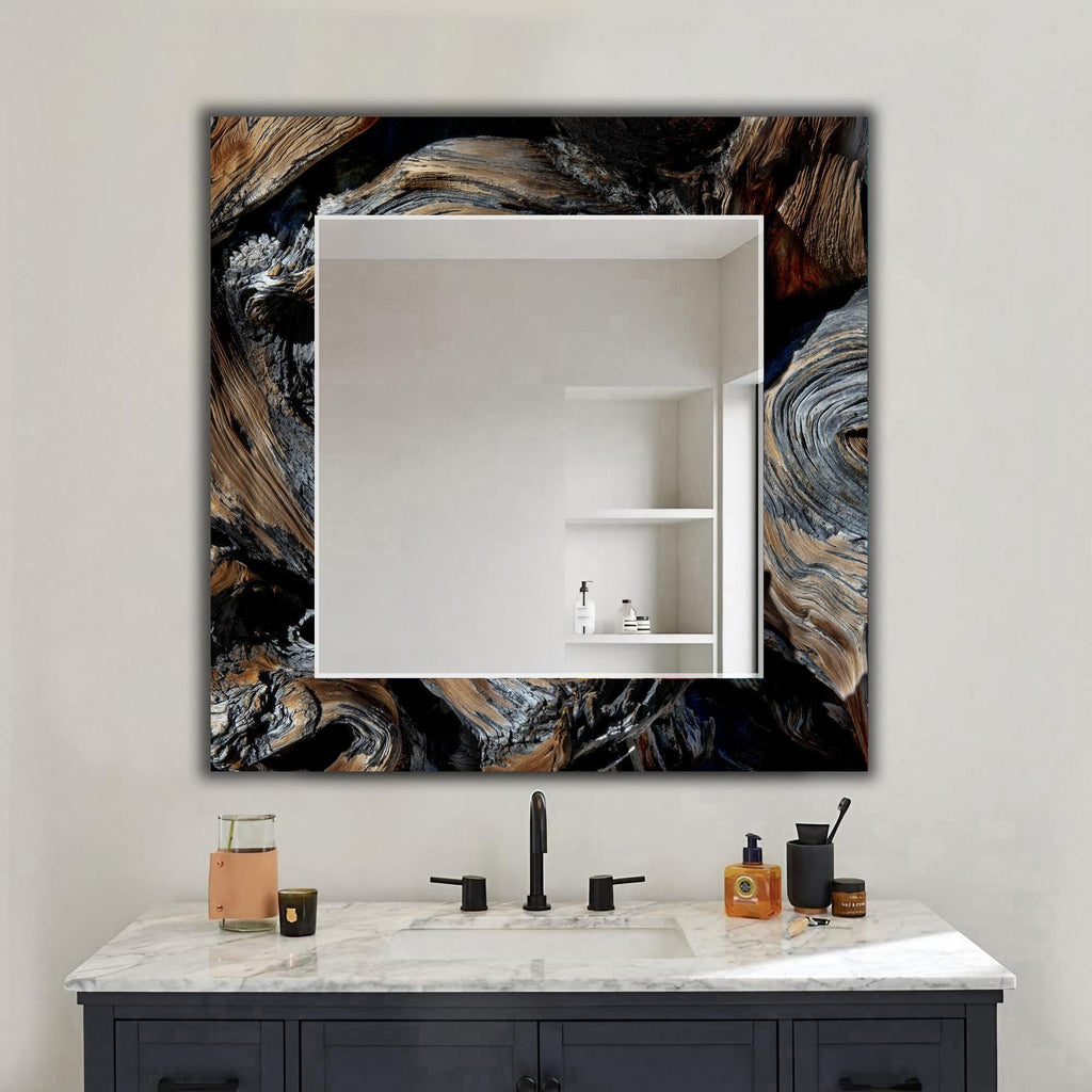 Abstract Wood Wall Mirror, Wavy Wooden Pattern Glass Art as Mirror