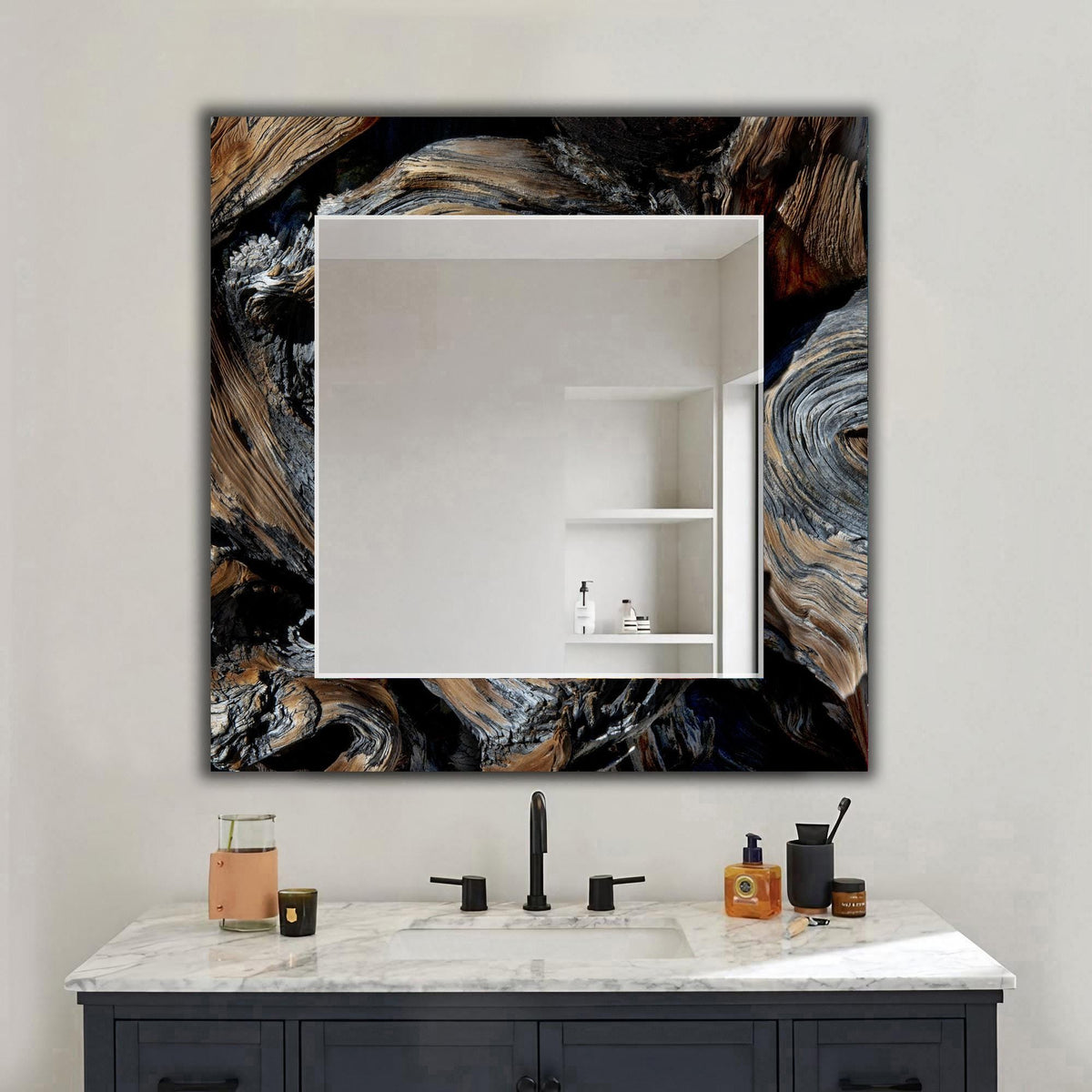 Abstract Wood Wall Mirror, Wavy Wooden Pattern Glass Art as Mirror