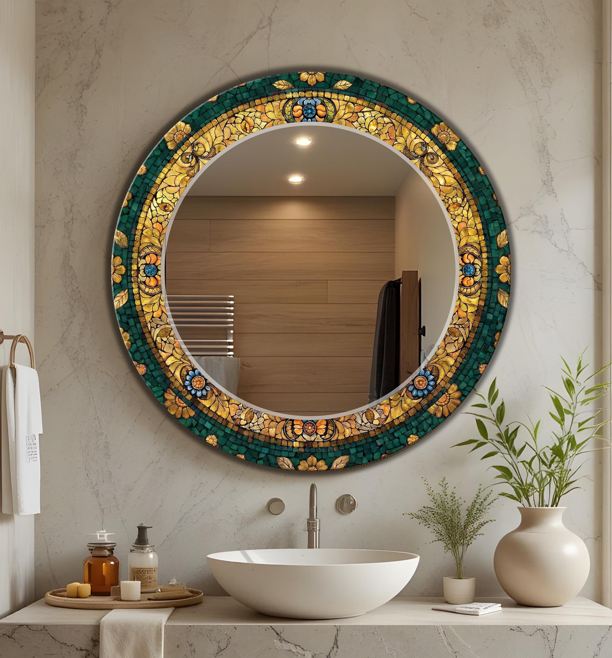 Round Green and Gold Mosaic Floral Texture Decorative Wall Mirror, Luxury Wall Mirror -  With Color & Size Variations