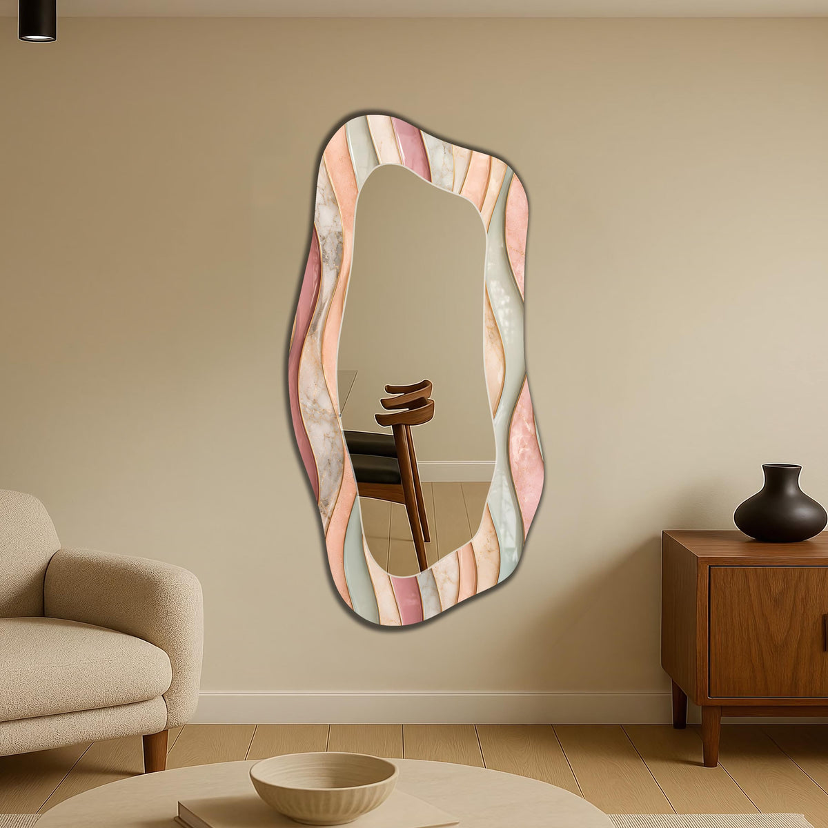 Irregular Wall Mirror, Pastel Marble Wave Asymmetric Mirror - Full Length Mirror
