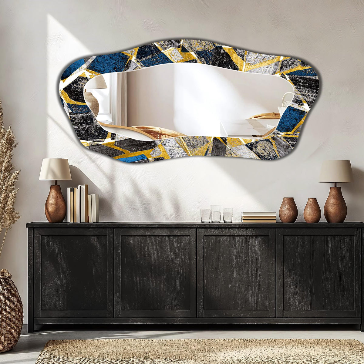 Abstract Irregular Wall Mirror, Gold Blue Cosmic Abstract Art as Mirror
