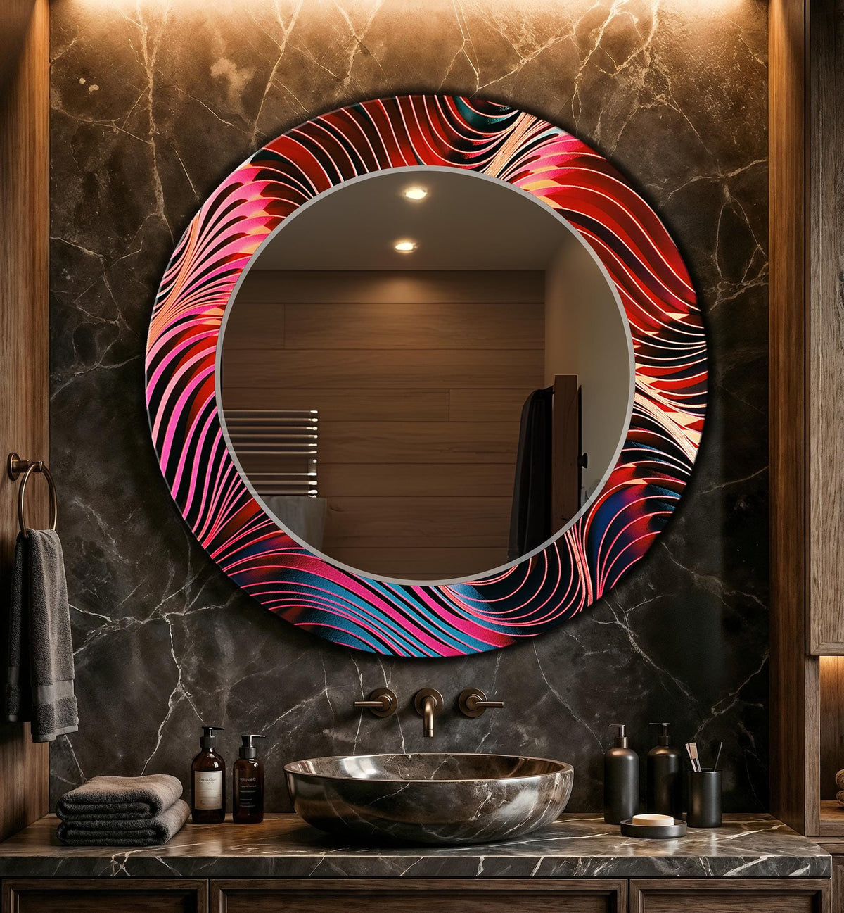 Customizable Wall Mirror, Geometric Abstract Art as Wall Mirror, Red Wavey Wall Art with Mirror