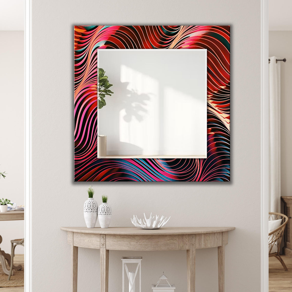 Customizable Wall Mirror, Geometric Abstract Art as Wall Mirror, Red Wavey Wall Art with Mirror
