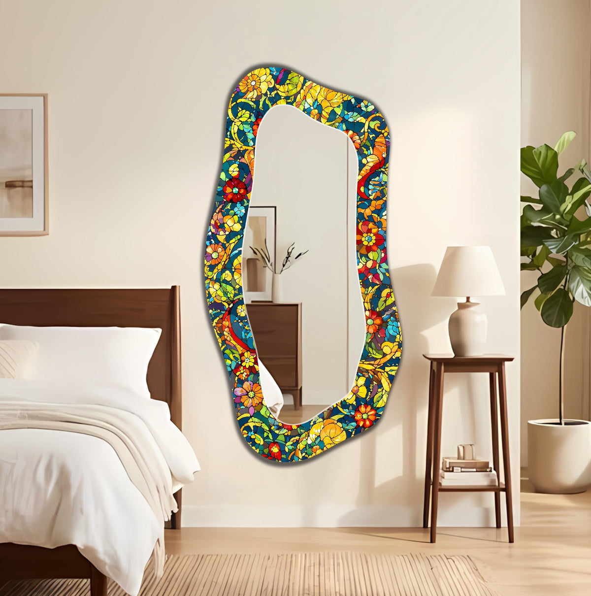 Asymmetric Wall Mirror, Stained Glass Floral Abstract Art as Irregular Full Length Mirror