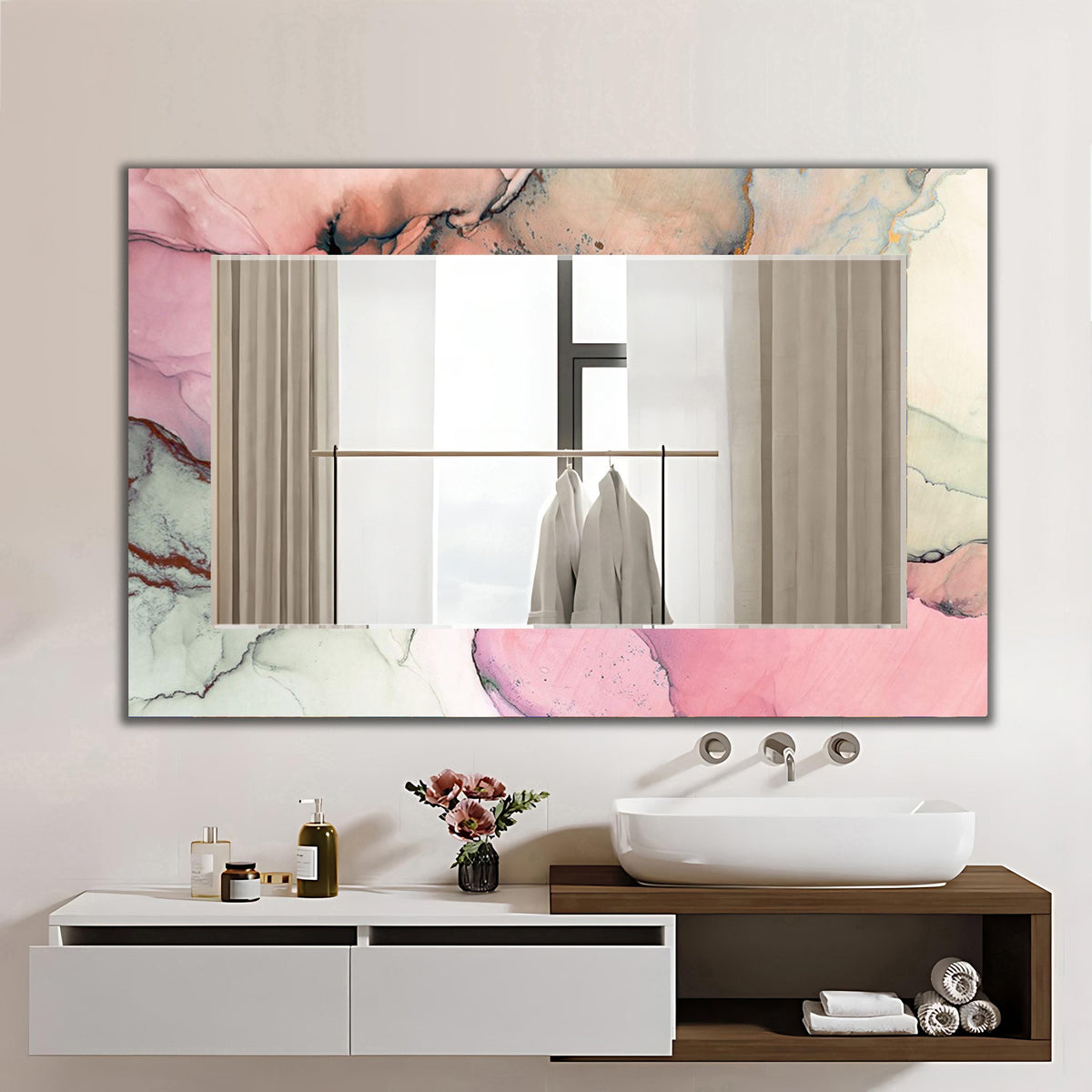 Pink Marble Wall Mirror, Pink Marble with Gold Veined Art as Wall Mirror