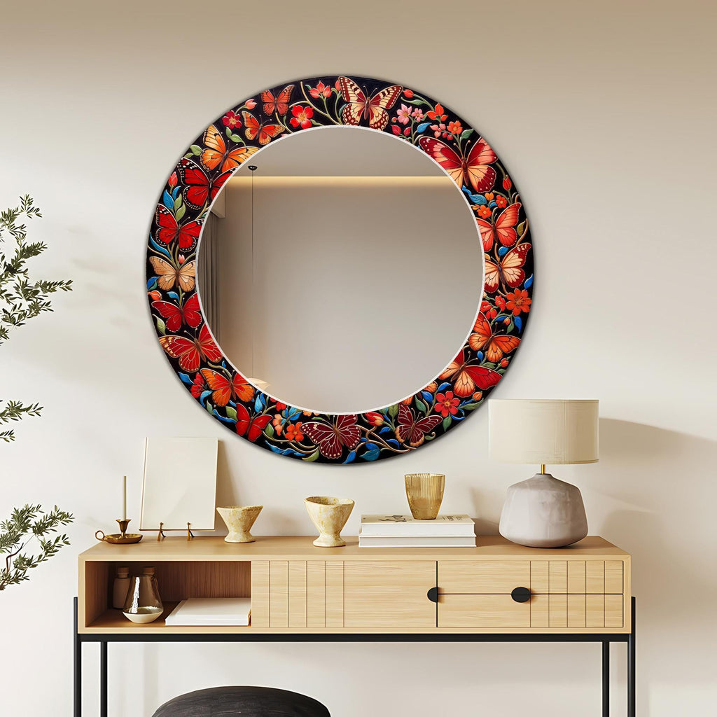 Butterfly Wall Mirror, Red Mosaic Style Round Wall Mirror