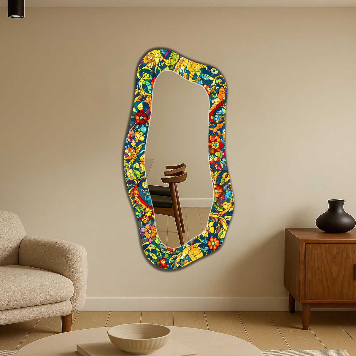 Asymmetric Wall Mirror, Stained Glass Floral Abstract Art as Irregular Full Length Mirror