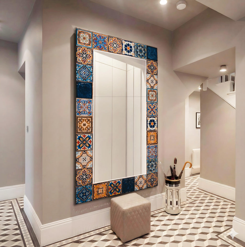 Geometric Wall Mirror, Persian Tile Texture Glass Wall Art as Large Mirror