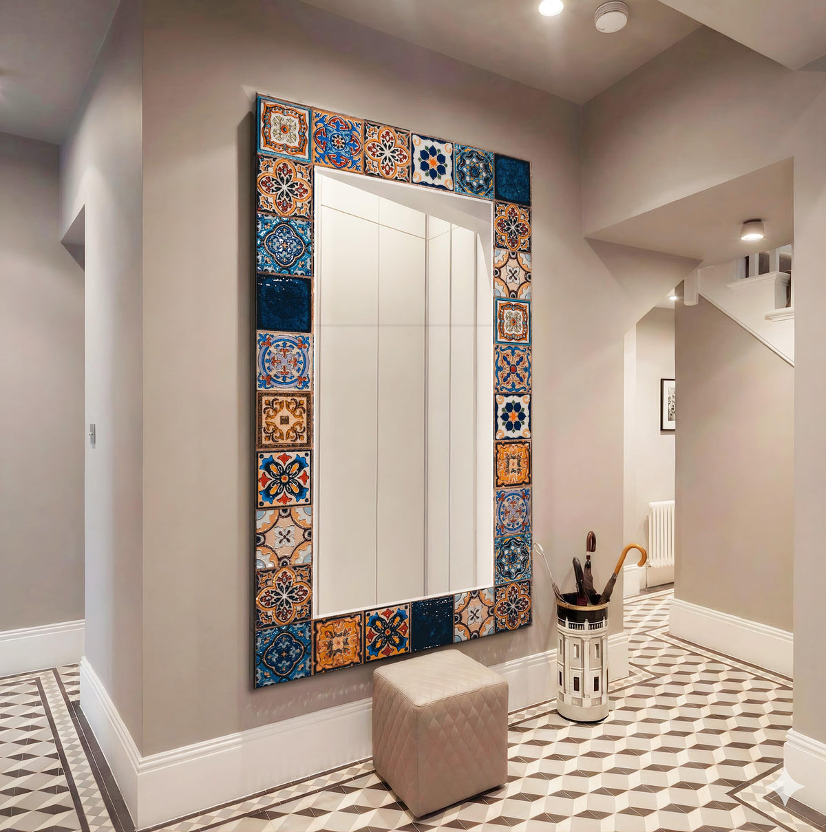 Geometric Wall Mirror, Persian Tile Texture Glass Wall Art as Large Mirror