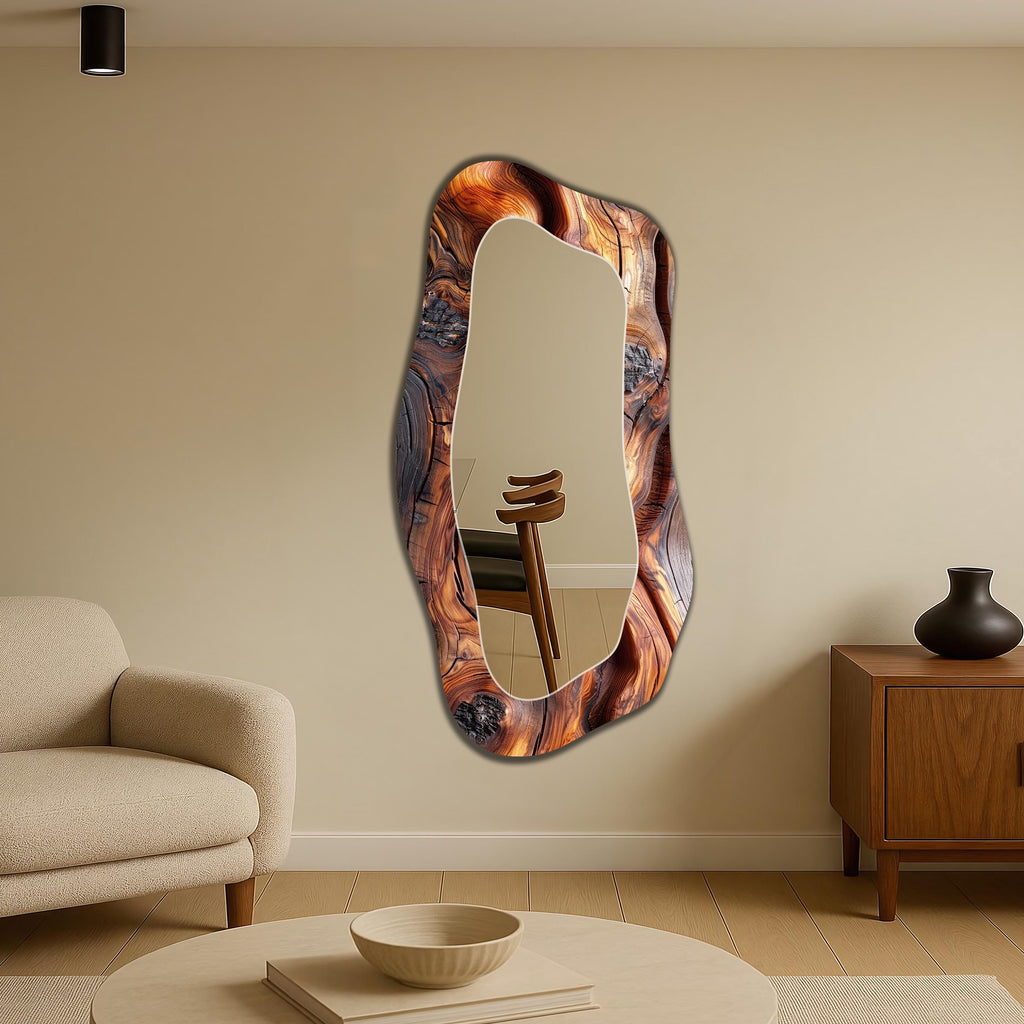 Wall Mirror Asymmetrical Full Length Wall Mirror, Wooden Texture Wall Mirror