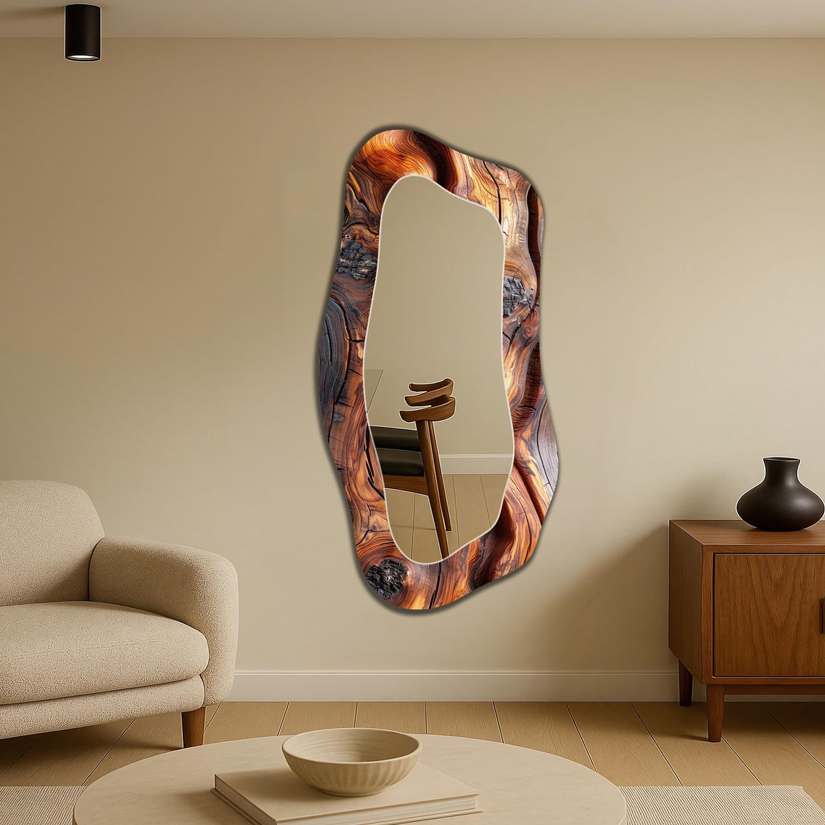 Wall Mirror Asymmetrical Full Length Wall Mirror, Wooden Texture Wall Mirror