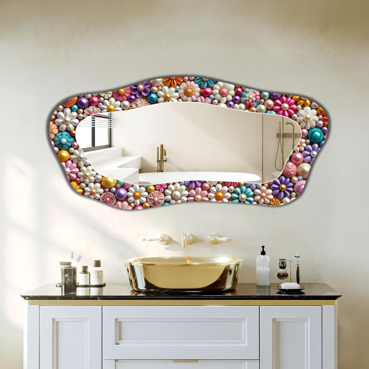 Floral Wall Mirror, Colorful UV Glass Backed Frameless Ready Hang