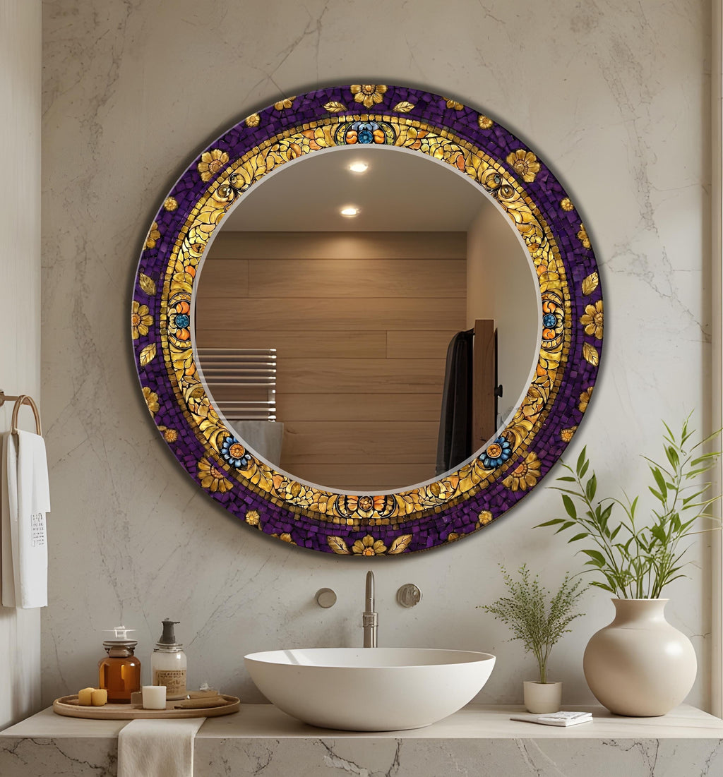 Round Wall Mirror, Luxury Red and Gold Mosaic Pattern Glass Art as Round Mirror