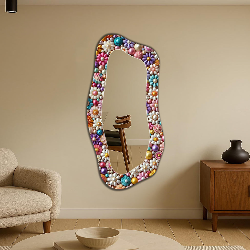 Floral Wall Mirror, Colorful UV Glass Backed Frameless Ready Hang