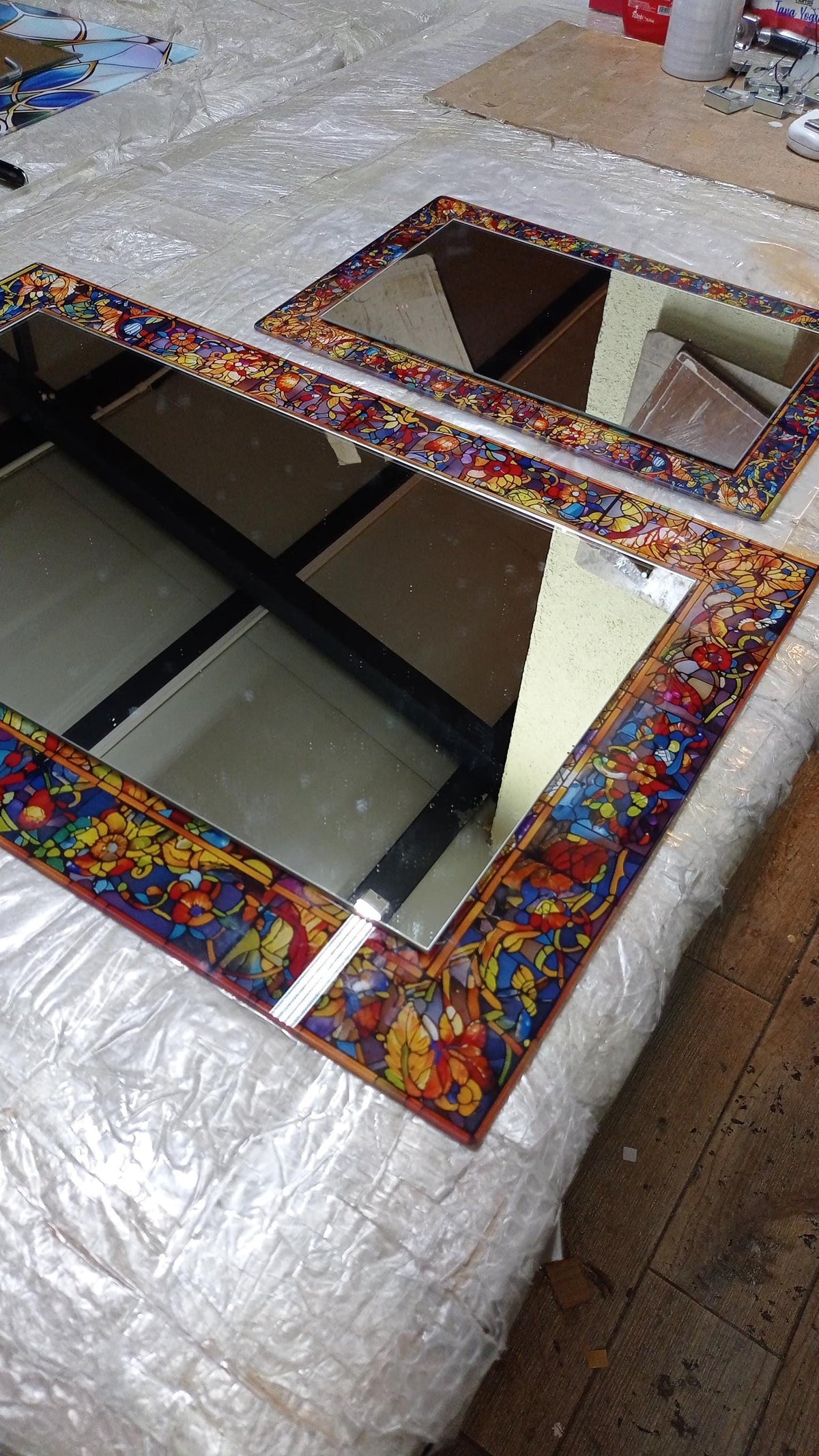 Decorative Wall Mirror, Stained Glass Texture Wall Mirror, Floral Luxury Mirror