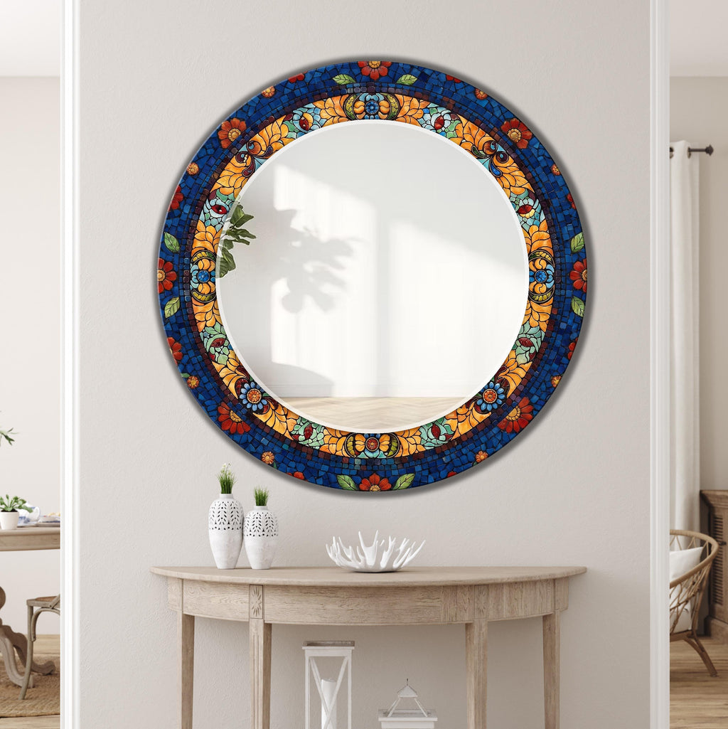 Round Green and Gold Mosaic Floral Texture Decorative Wall Mirror, Luxury Wall Mirror -  With Color & Size Variations