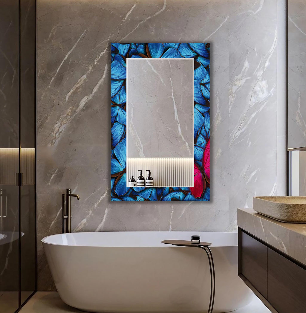 Round Wall Mirror, Blue and Pink Abstract Art as Mirror, Butterfly Mirror
