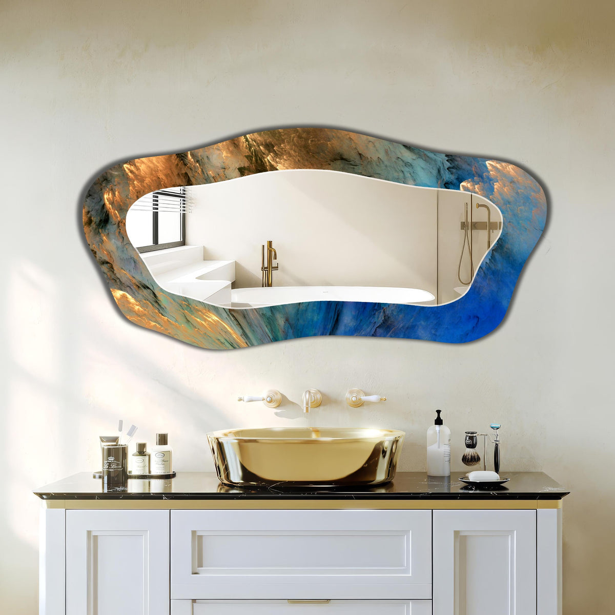 Abstract Irregular Wall Mirror, Gold Blue Cosmic Abstract Art as Mirror