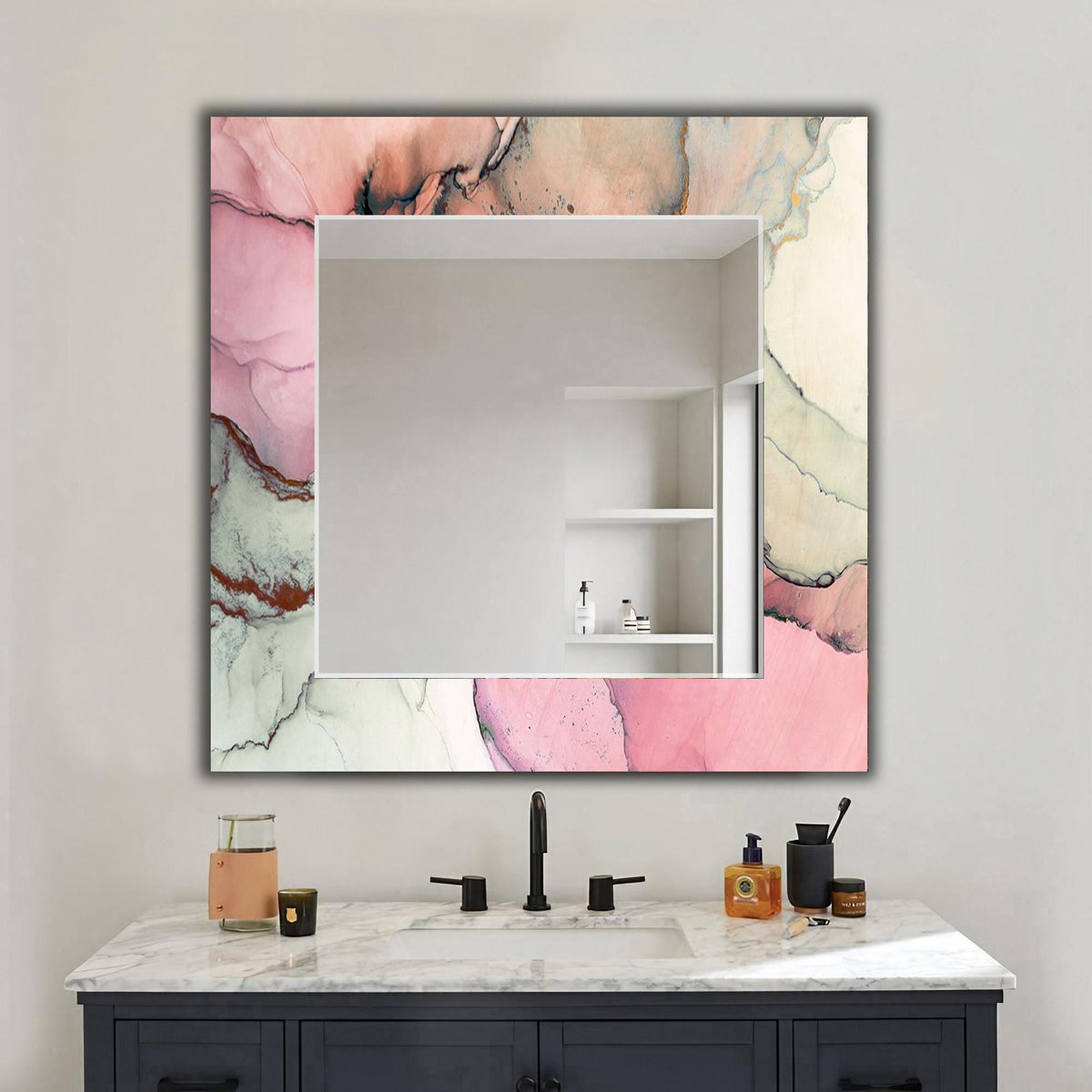 Wall Mirror, Blush Pink Marble Pattern Glass Wall Art as Mirror