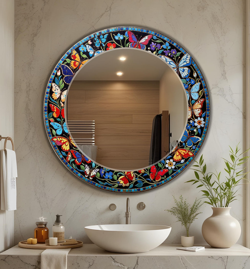 Butterfly Wall Mirror, Round Mosaic Texture Wall Mirror - With Variations Shape