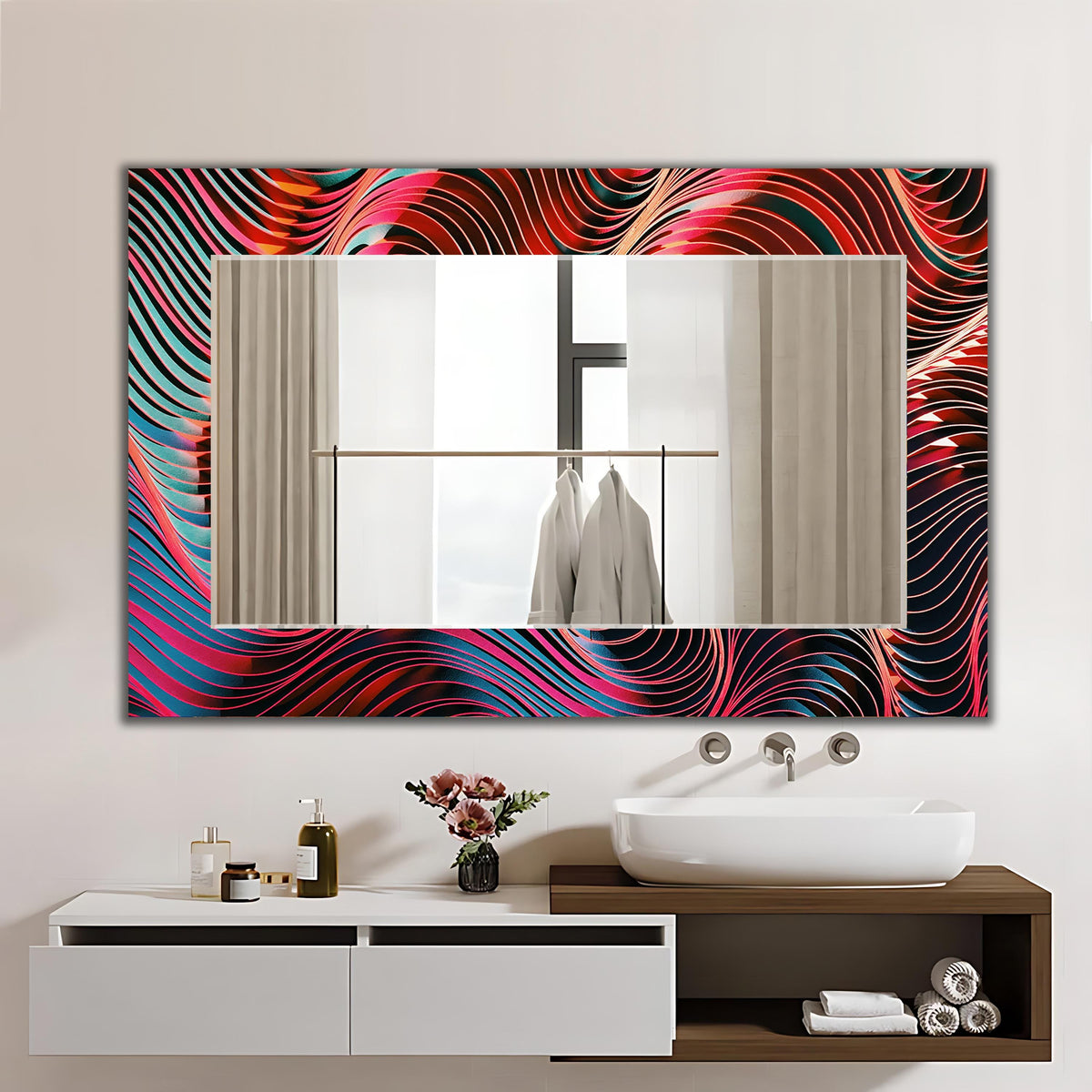 Customizable Wall Mirror, Geometric Abstract Art as Wall Mirror, Red Wavey Wall Art with Mirror