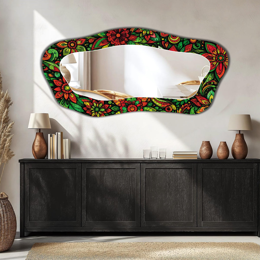 Irregular Wall Mirror, Stained Glass Floral Texture, Full-Length Mirror