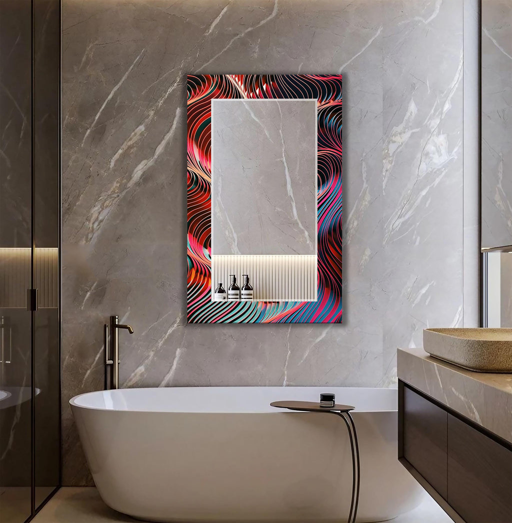 Customizable Wall Mirror, Geometric Abstract Art as Wall Mirror, Red Wavey Wall Art with Mirror