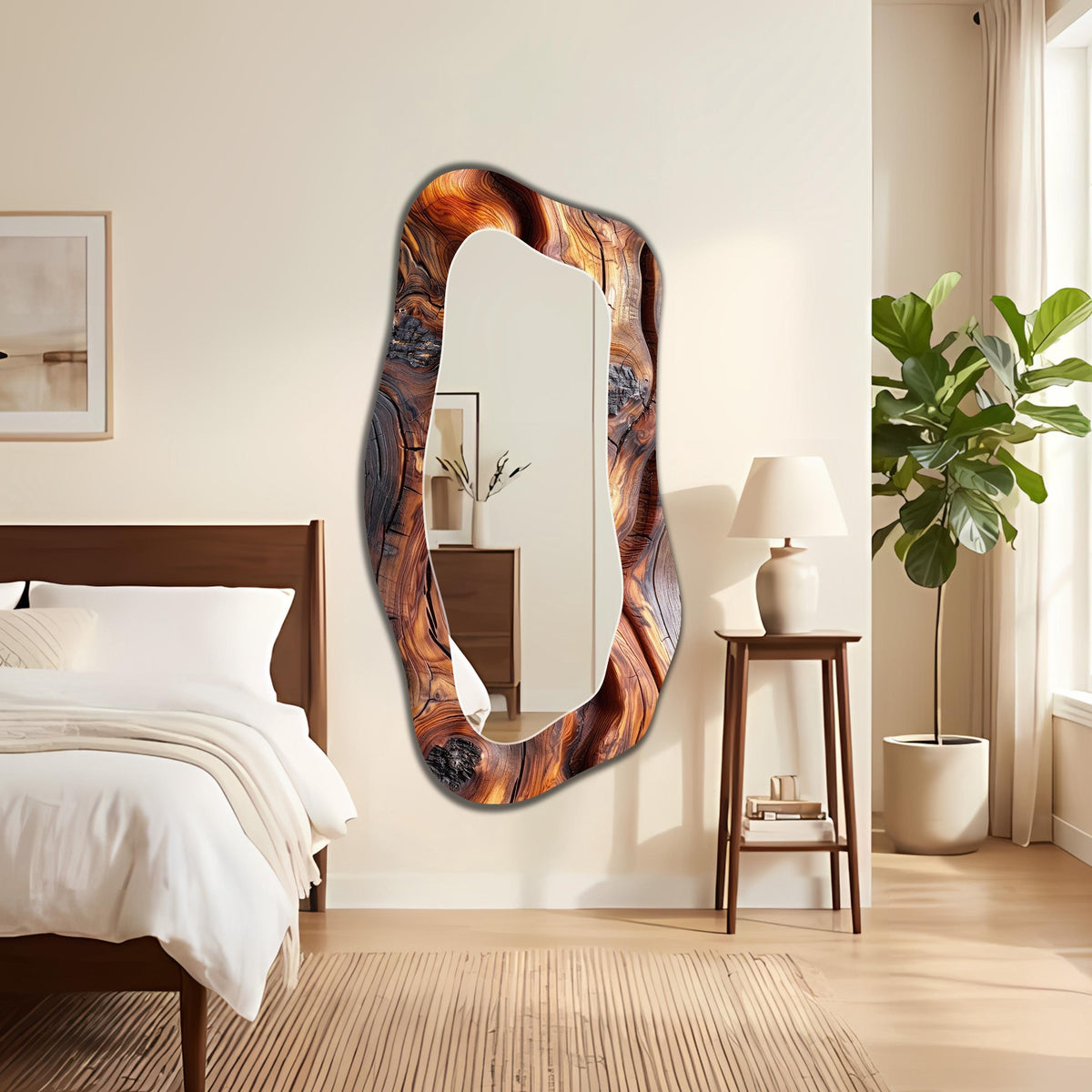 Wall Mirror Asymmetrical Full Length Wall Mirror, Wooden Texture Wall Mirror