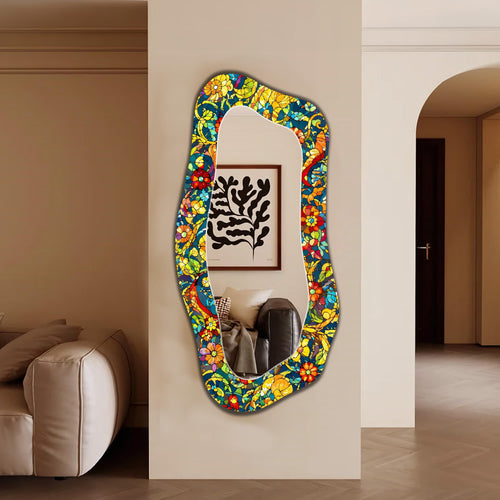 Asymmetric Wall Mirror, Stained Glass Floral Abstract Art as Irregular Full Length Mirror