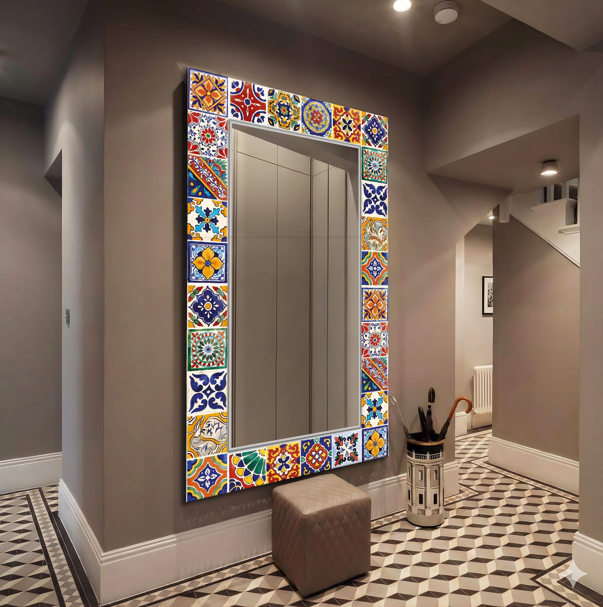Floral Wall Mirror, Mexican Tile Wall Art as Full-Length Mirror, Tile Pattern Wall Art as Mirror