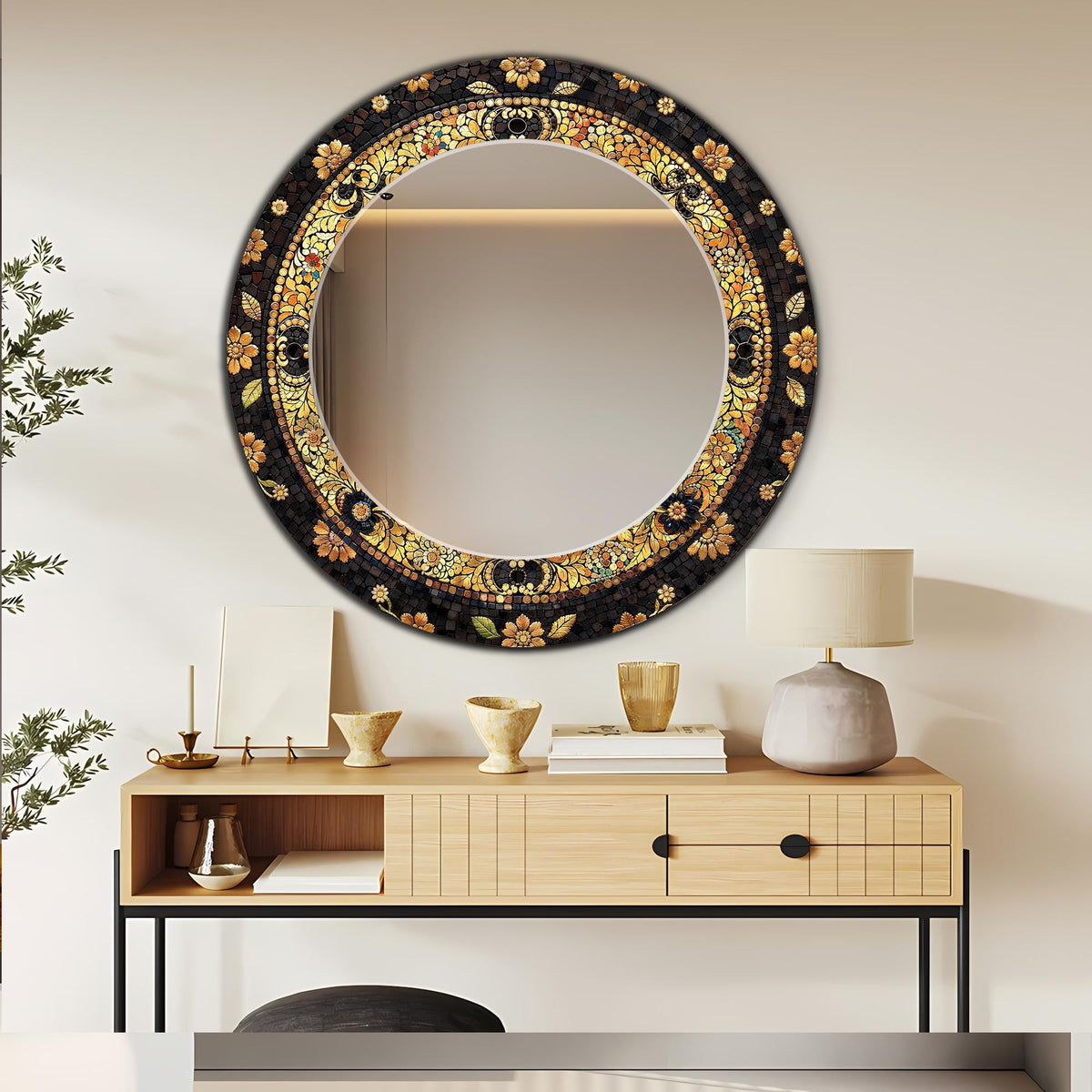 Round Green and Gold Mosaic Floral Texture Decorative Wall Mirror, Luxury Wall Mirror -  With Color & Size Variations