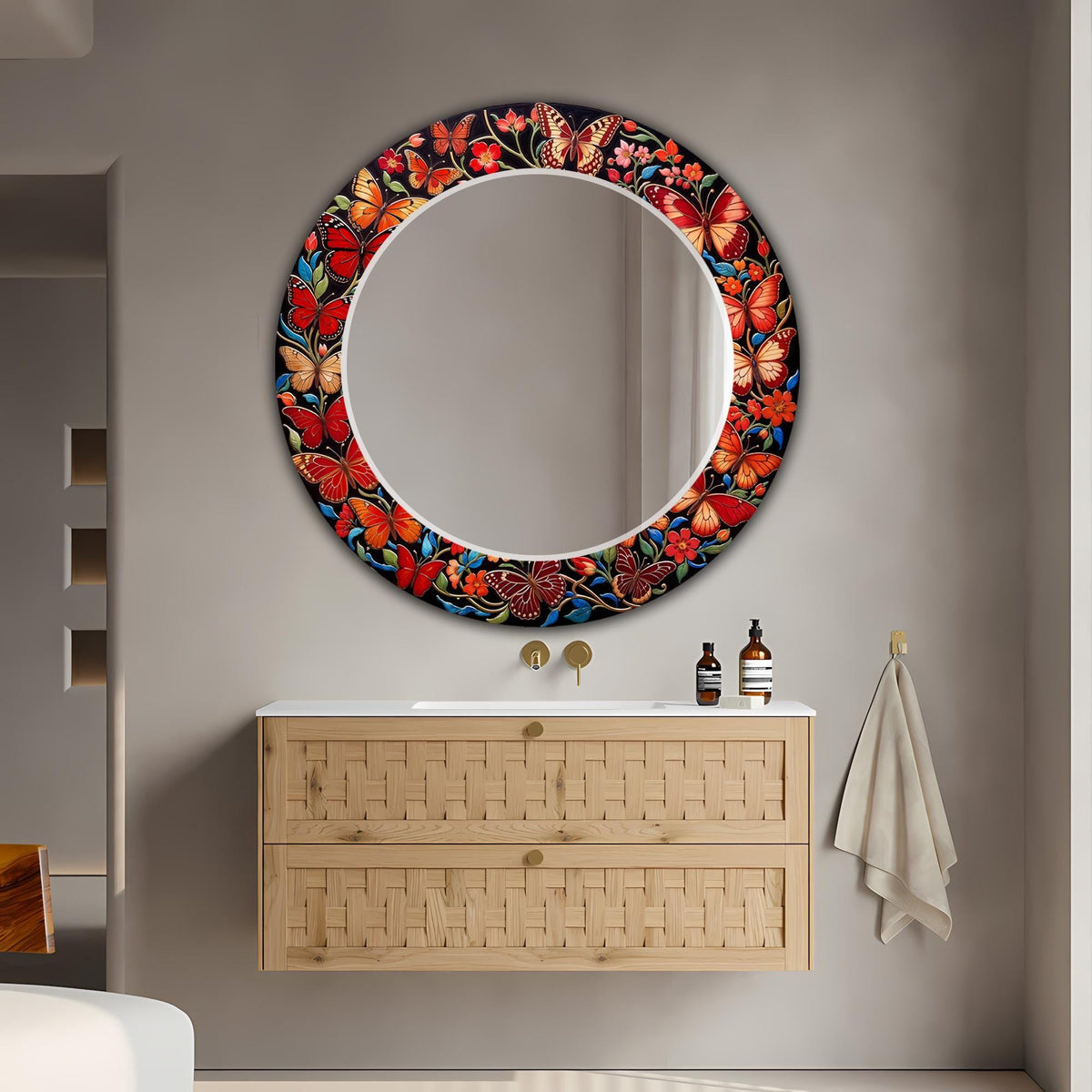 Butterfly Wall Mirror, Red Mosaic Style Round Wall Mirror