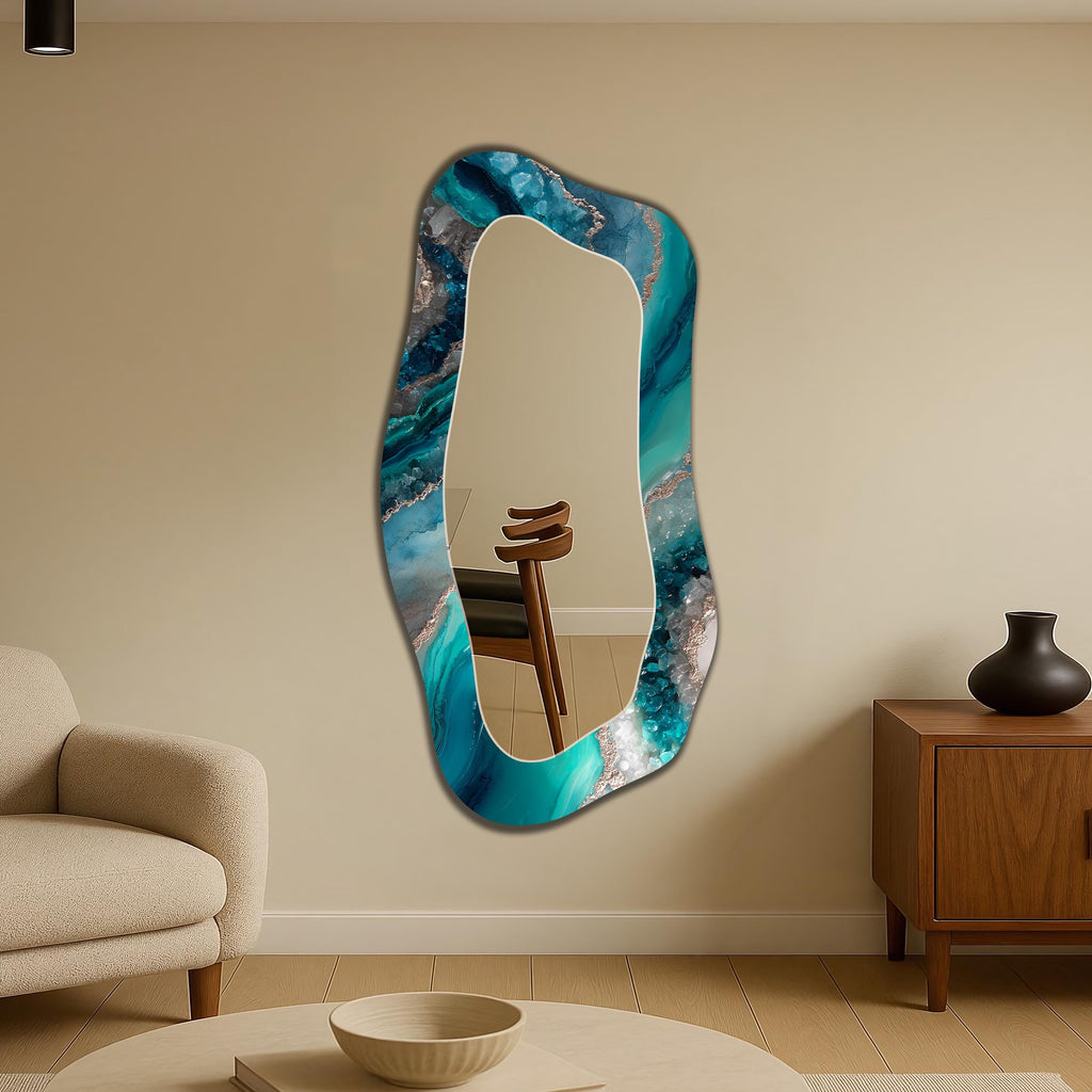 Irregular Wall Mirror, Blue Agate Geode Glass Art as Mirror, Blue Marble with Silver Veining Organic Mirror