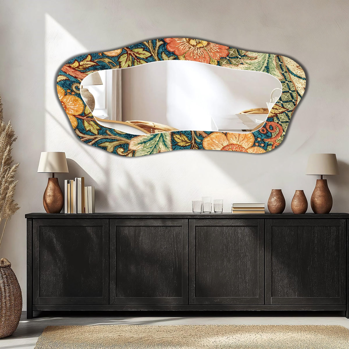 Irregular Wall Mirror, Handwoven Floral Texture Wall Art as Mirrora