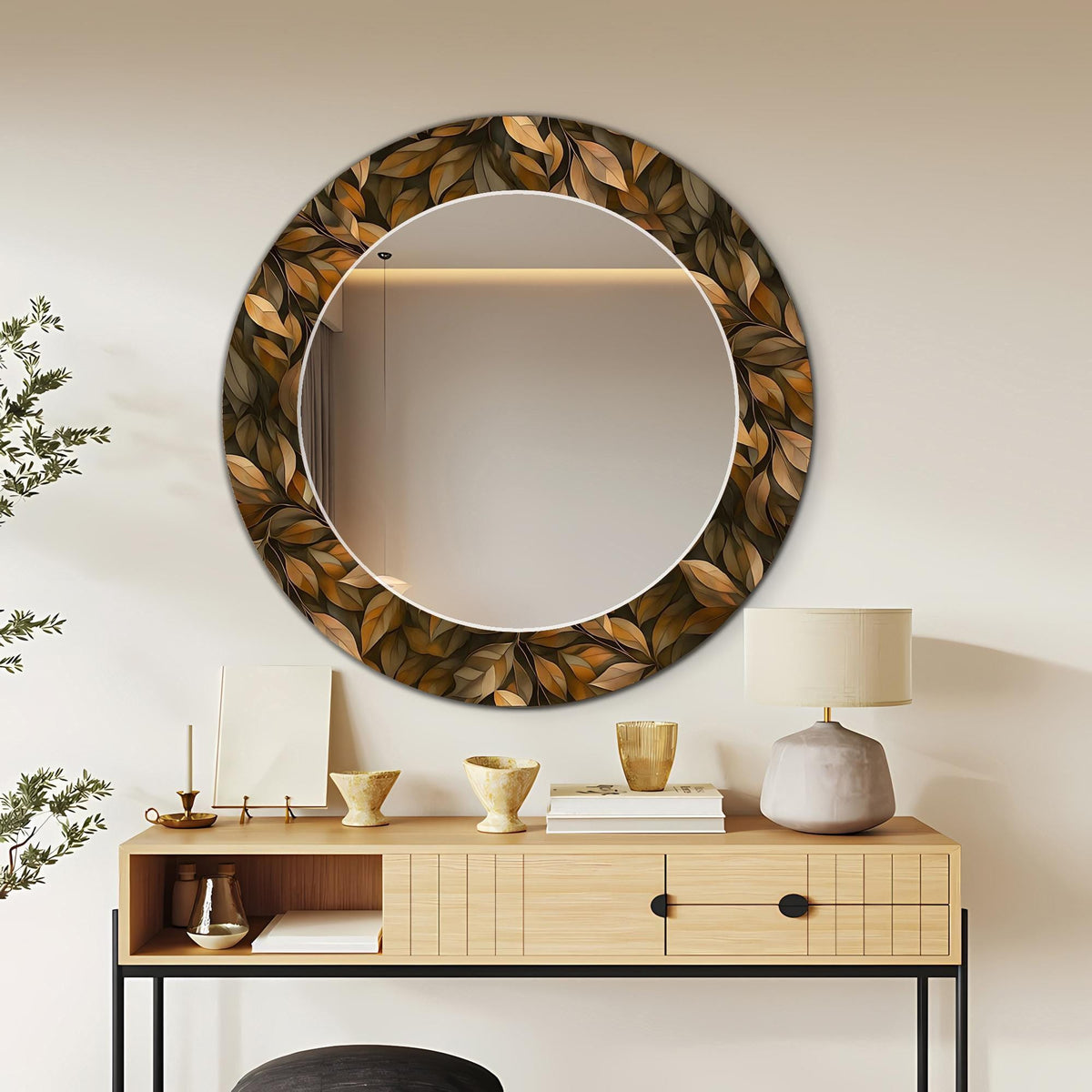 Decorative Round Wall Mirror, Luxury Leaf Pattern as Large Mirror