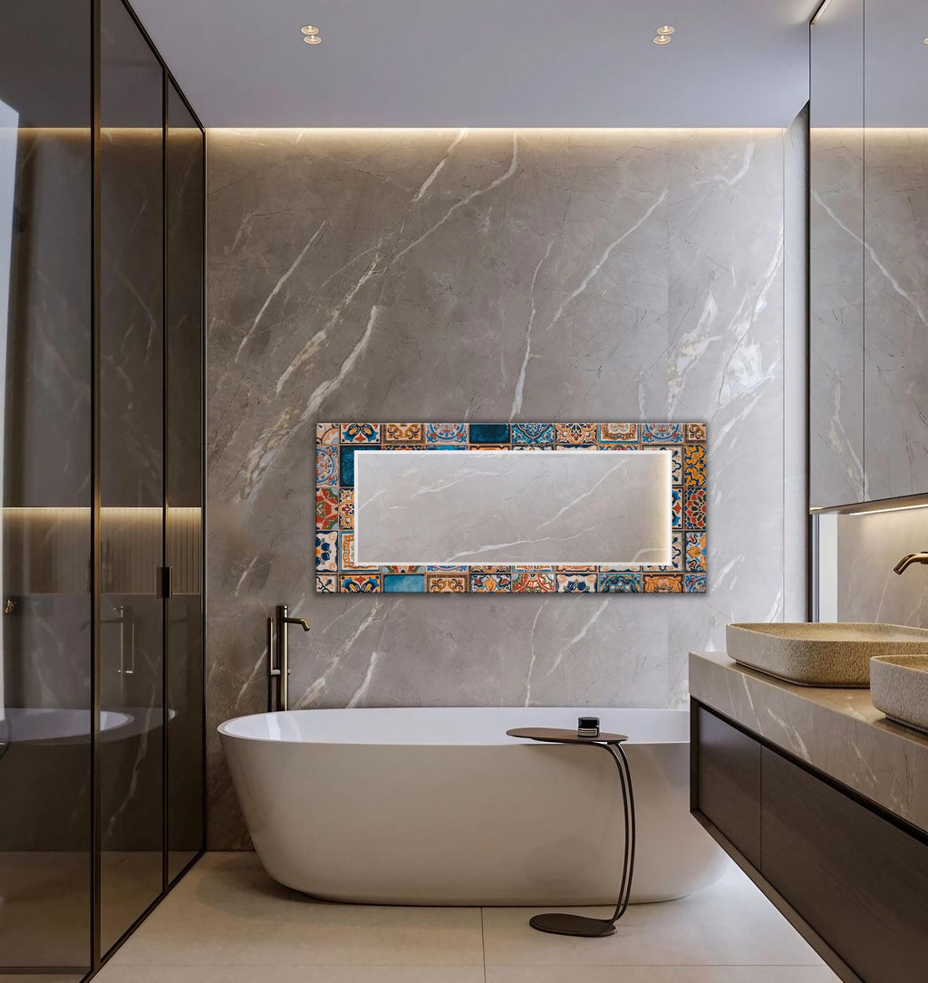 Geometric Wall Mirror, Persian Tile Texture Glass Wall Art as Large Mirror