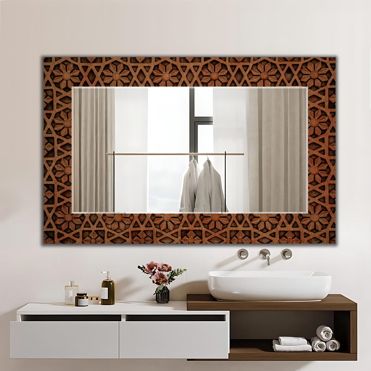Mosaic Art as Wall Mirror, Brown Mosaic Floral Pattern Large Mirror