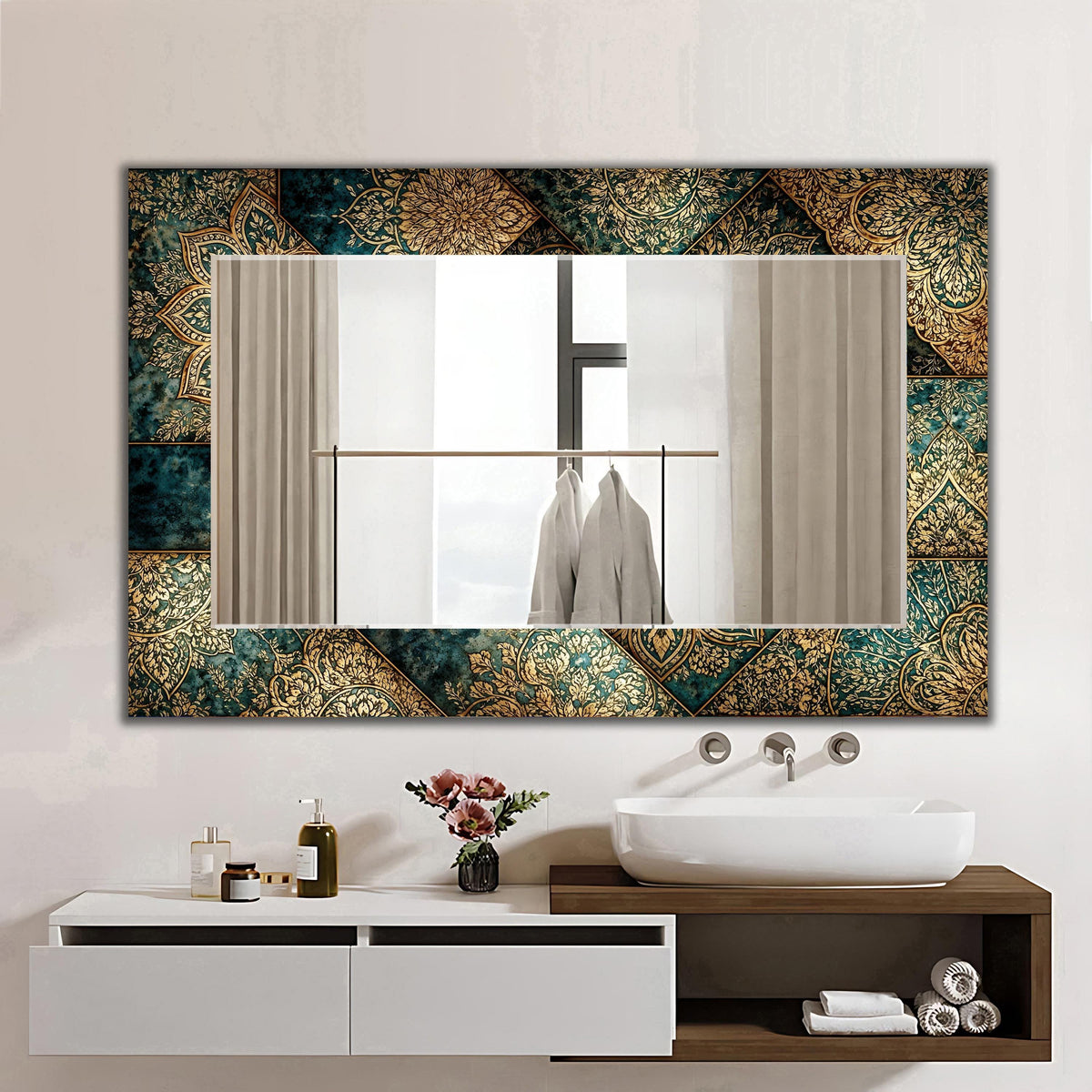 Decorative Wall Mirror, Green and Gold Mandala Texture Mirror - With Shape Variations