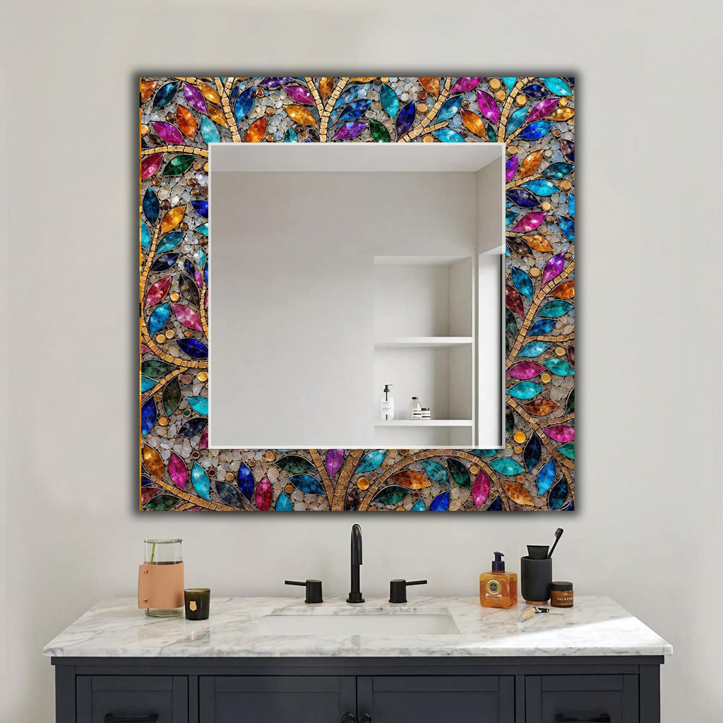 Abstarct Olive Glass Wall Mirror, Glass Mosaic Texture Wall Decor as Mirror