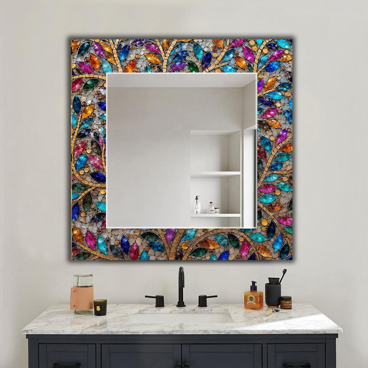 Abstarct Olive Glass Wall Mirror, Glass Mosaic Texture Wall Decor as Mirror