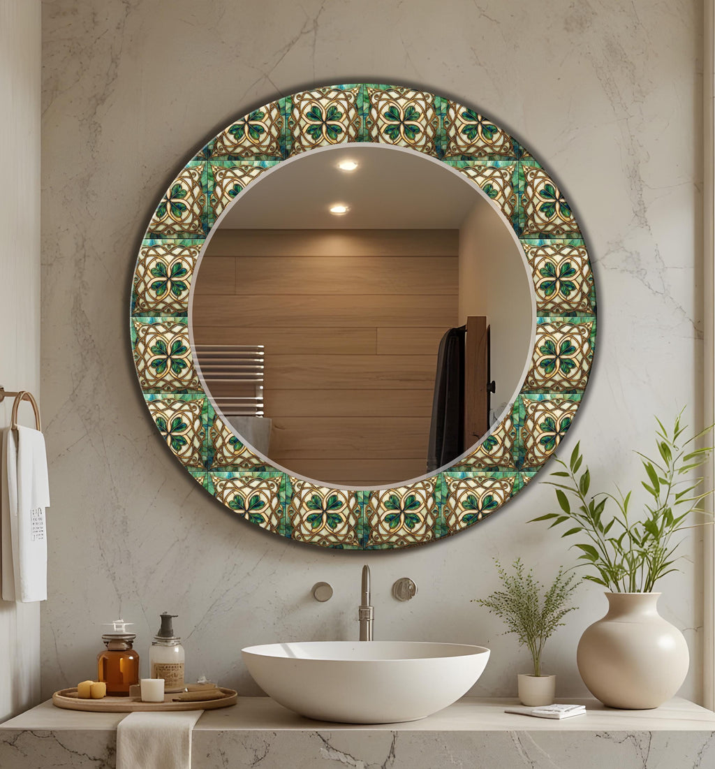Green Abstract Round Mirror Ceramic Glass Art Mirror, Flat Glass Art as Mirror