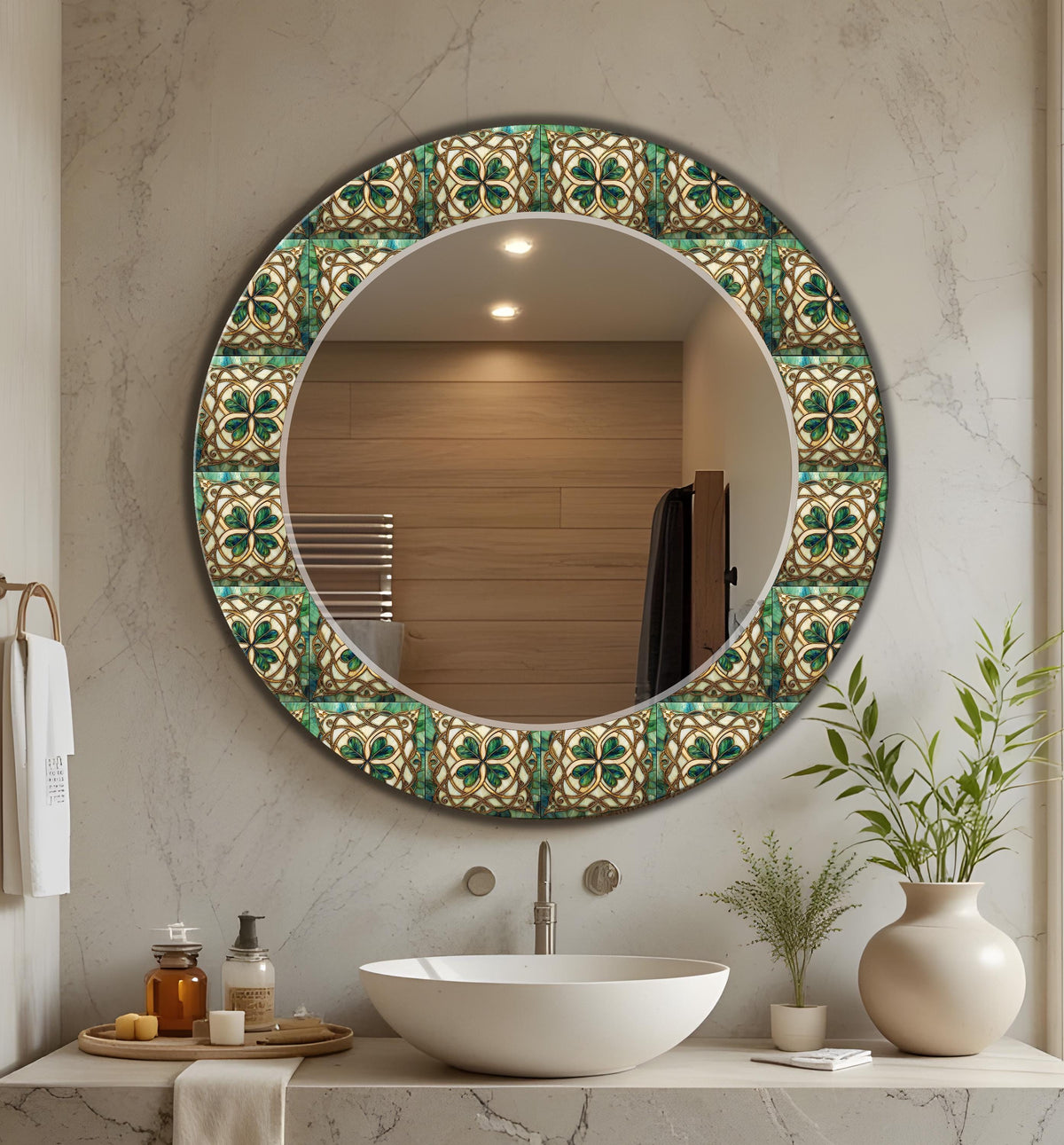 Green Abstract Round Mirror Ceramic Glass Art Mirror, Flat Glass Art as Mirror