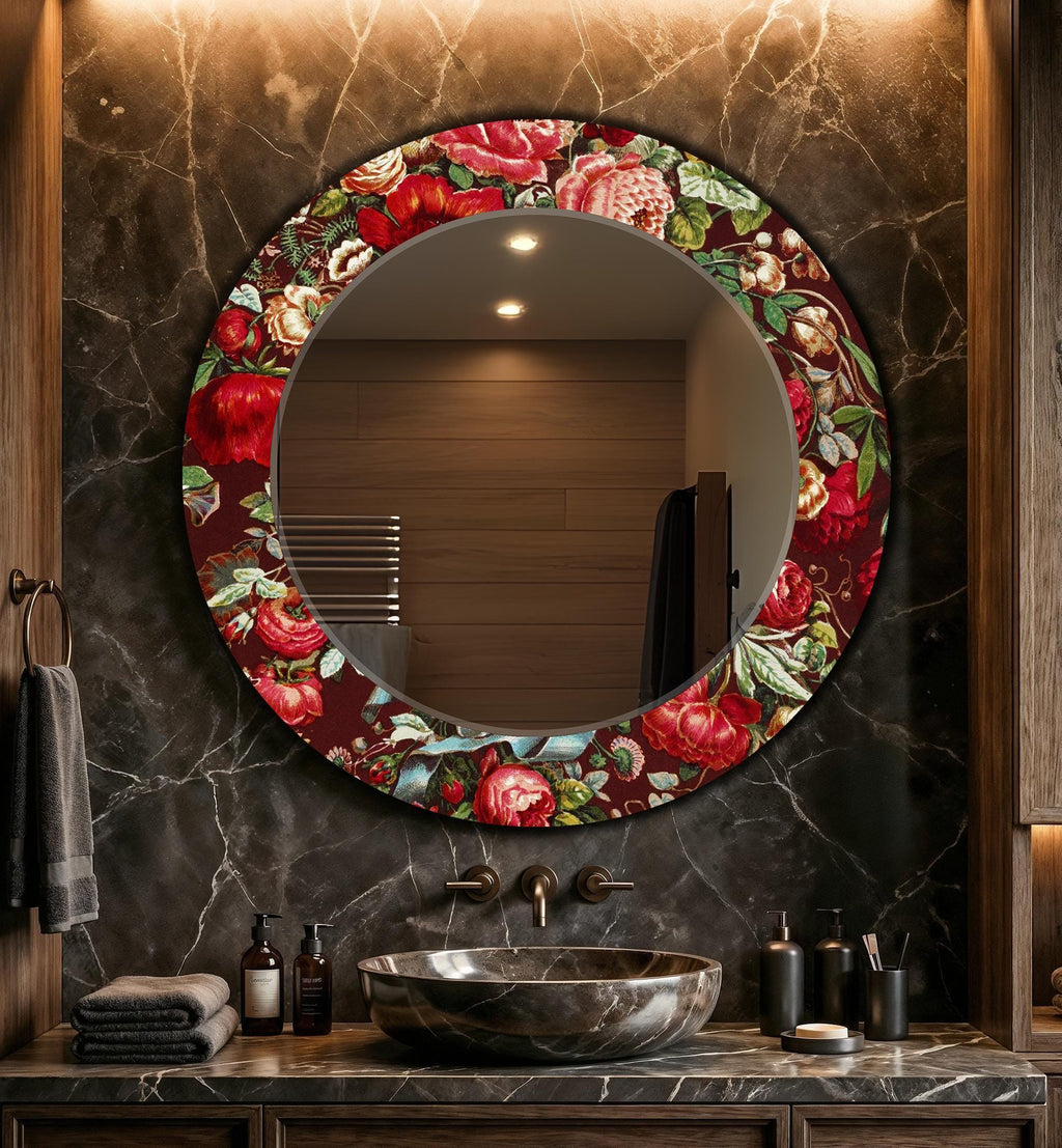 Decorative Wall Mirror, Red Floral Tempered Glass Round Frameless